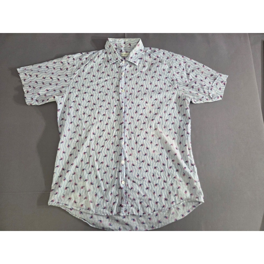 Etro Shirt Mens Large White Blue Paisley Motif Vibrant Maximalism Button Polo